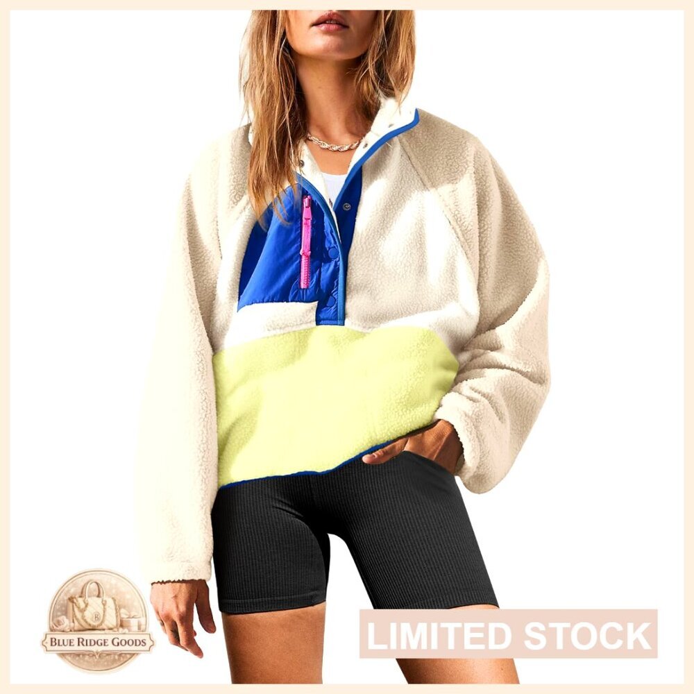 Fuzzy Fleece Pullover Sherpa Sweatshirt Button Down Long Sleeve Cozy Chic